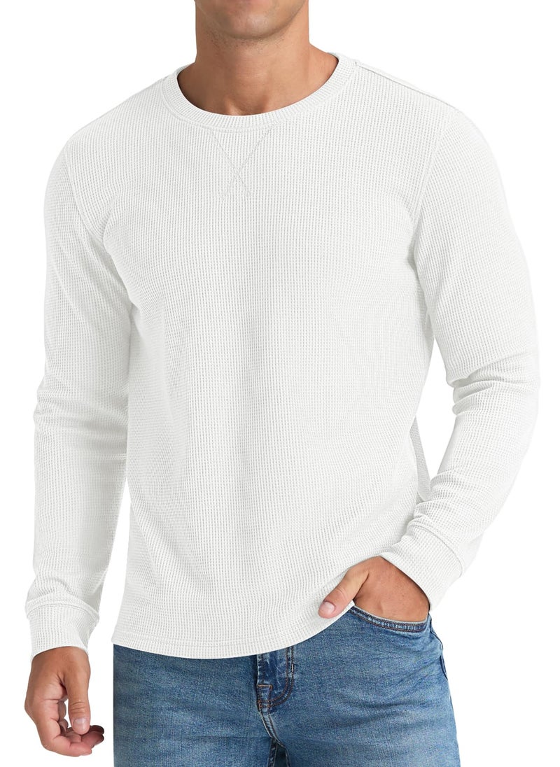 NITAGUT Mens Waffle Crewneck Shirts Slim Fit Long Sleeve Casual T-Shirt,White, Medium - Image 2