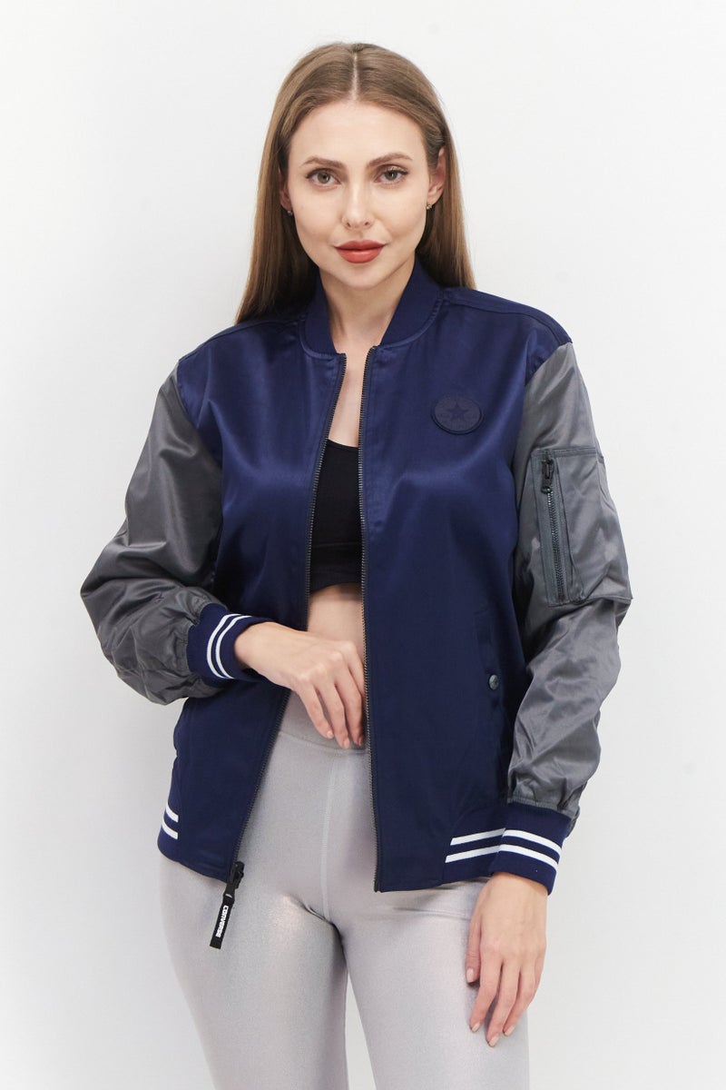 CONVERSE Women Sportswear Fit Training Reversible Bomber Jacket, Navy Blue/Grey - Image 1
