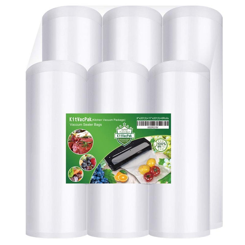 KitVacPak 6 Pack 8x203Rolls and11x20 3Rolls Vacuum Sealer Bags Rolls with BPA Free and Heavy DutyCommercial Grade Vacuum Seal Freezer Bags Rolls Compatible with Any Type Vacuum Sealer