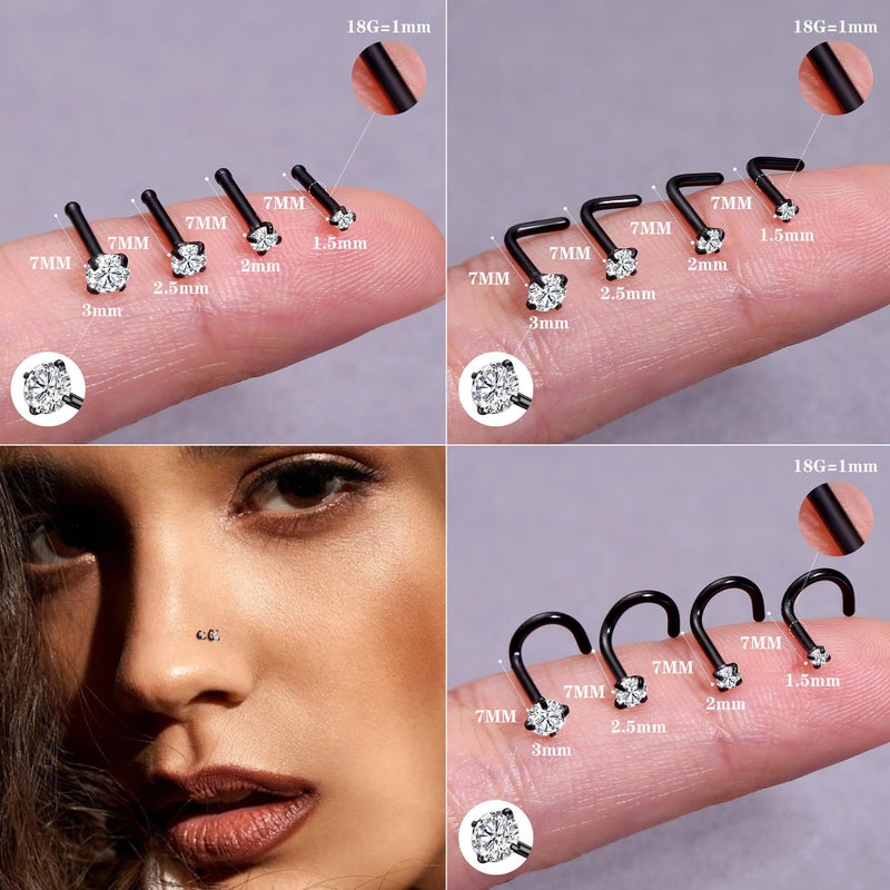 LOYALLOOK 18Pcs Nose Rings Studs 316L Surgical Steel Double Hoop Nose Ring for Women Men 18G Black Nose Rings Stud Hypoallergenic Nose/Body Piercing Jewelry 1.5mm 2mm 2.5mm 3mm CZ - Image 3
