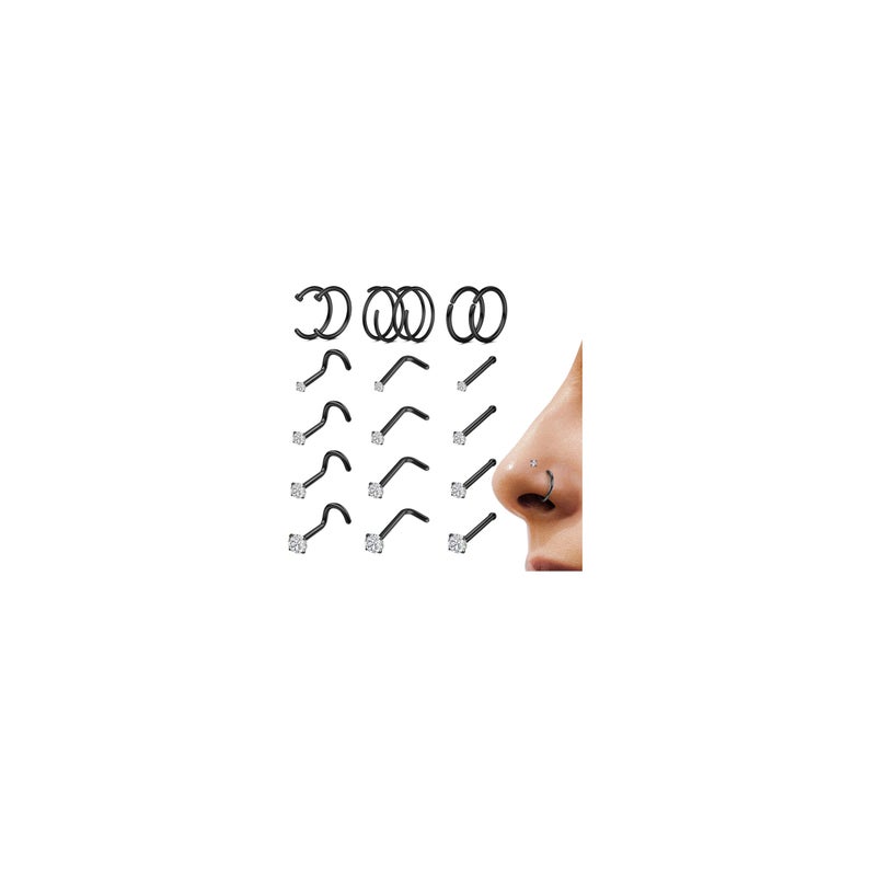 LOYALLOOK 18Pcs Nose Rings Studs 316L Surgical Steel Double Hoop Nose Ring for Women Men 18G Black Nose Rings Stud Hypoallergenic Nose/Body Piercing Jewelry 1.5mm 2mm 2.5mm 3mm CZ - Image 1