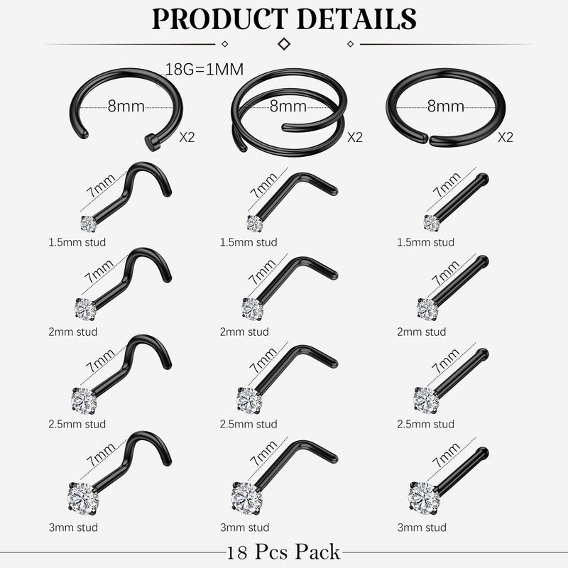 LOYALLOOK 18Pcs Nose Rings Studs 316L Surgical Steel Double Hoop Nose Ring for Women Men 18G Black Nose Rings Stud Hypoallergenic Nose/Body Piercing Jewelry 1.5mm 2mm 2.5mm 3mm CZ - Image 4