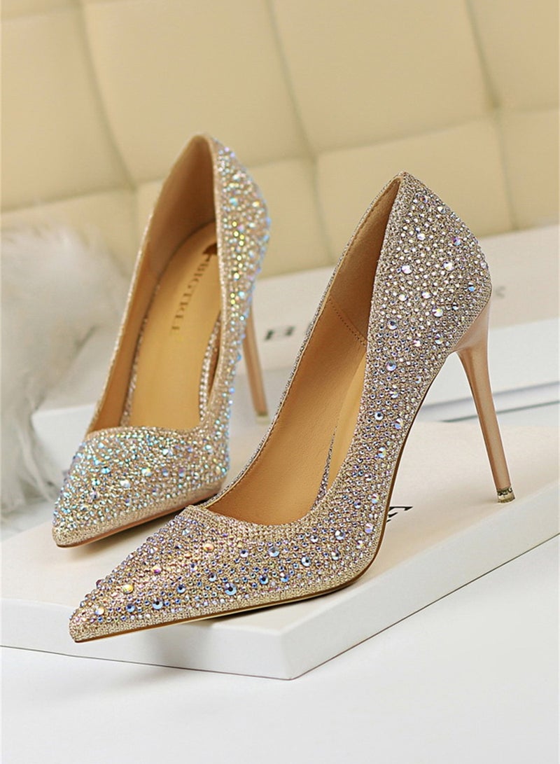 بيج تري أزياء السيدات أحذية عالية الكعب مع غرامة الماس 10cm بني - Image 1