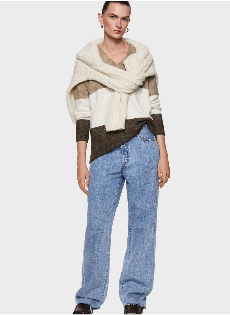 MANGO - V-Neck Color Block Sweater - Image 1