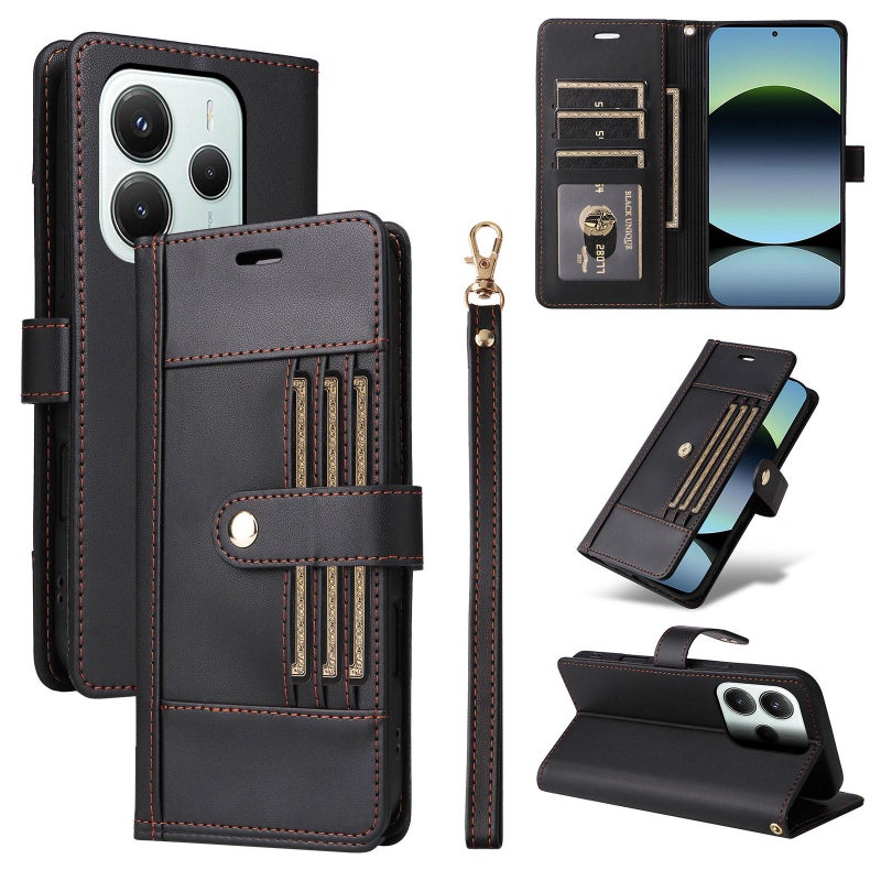 إيروريكس جراب هاتف جلدي مزود بستة فتحات للبطاقات مع حبل لهاتف Redmi Note 14 5G (أسود) - Image 1