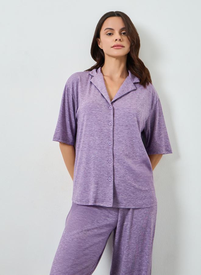 Styli Purple Melange Knit Buttoned Shirt and Pyjama Set - Image 3
