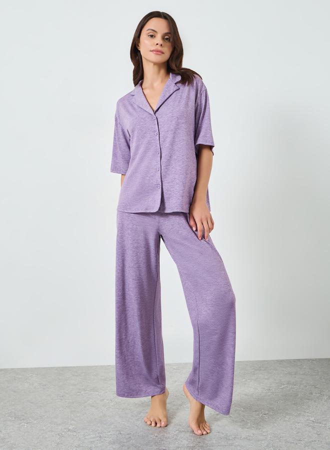 Styli Purple Melange Knit Buttoned Shirt and Pyjama Set - Image 2