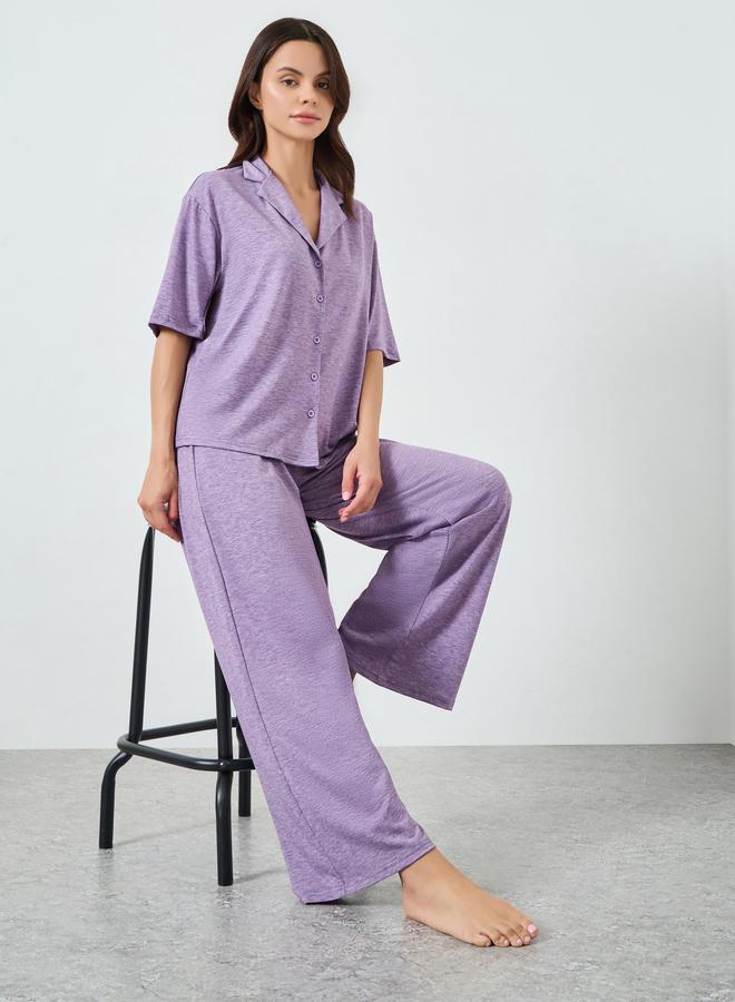 Styli Purple Melange Knit Buttoned Shirt and Pyjama Set - Image 1