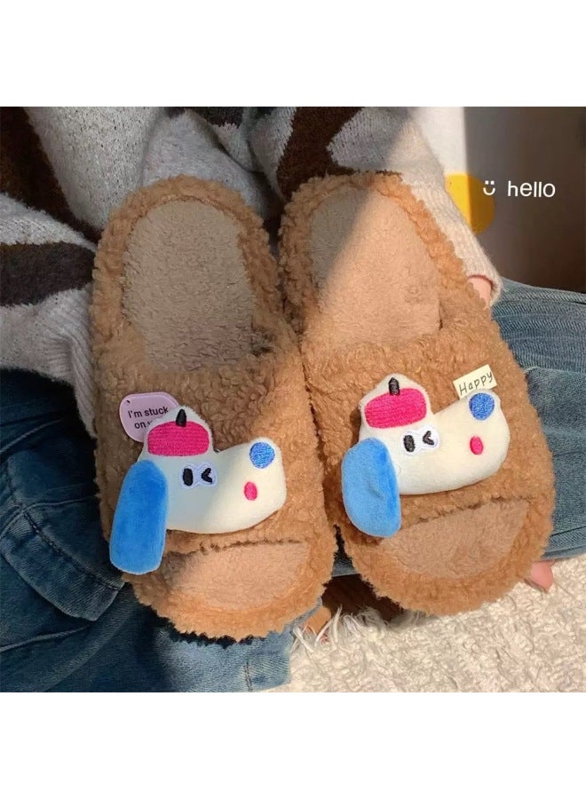 Cotton Slippers For Women, New Winter Style, Non-slip Soft Sole, Indoor Home Warm Cartoon Cute Puppy Plaid Furry Slippers