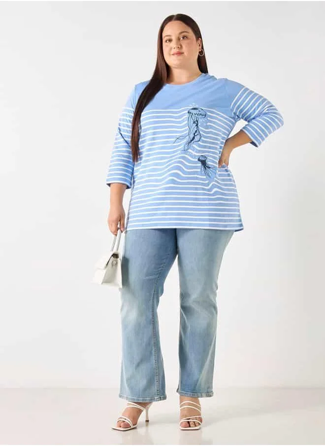 Ulla Popken Plus Size Ulla Popken Striped T-shirt with 3/4 Sleeves