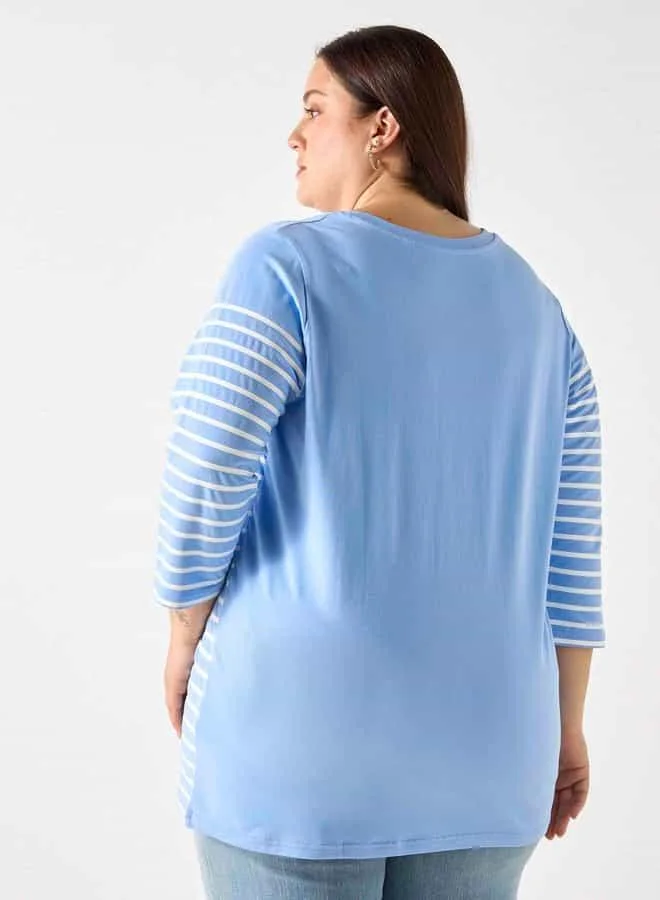Ulla Popken Plus Size Ulla Popken Striped T-shirt with 3/4 Sleeves