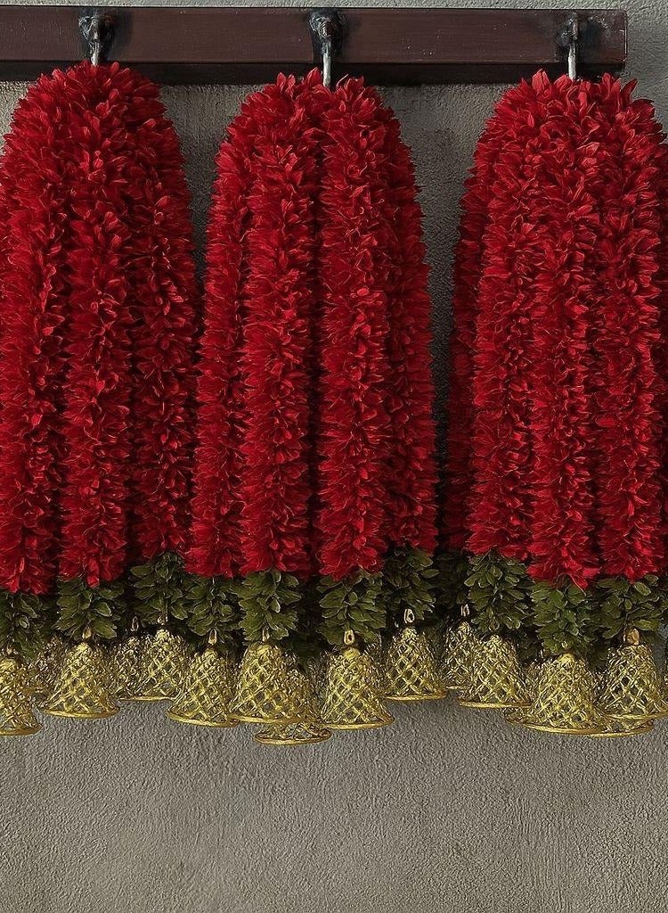 Ganpati decor Gajra bell string,soft fabric with golden bells.Set of 6 Red strings. Diwali decor/festive decor