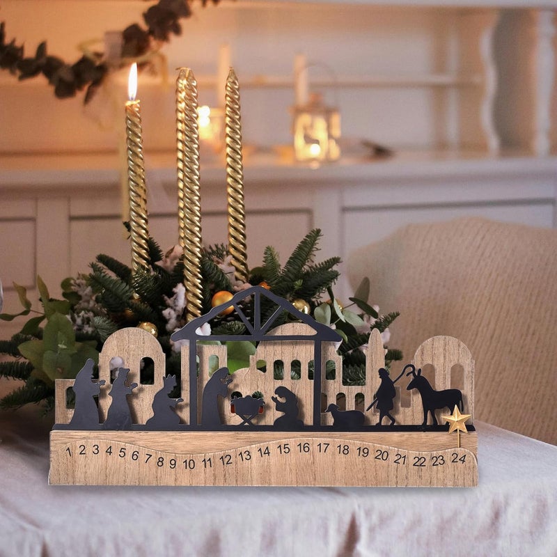GHOSTMAGIC Nativity Sets for Christmas Countdown Calendar, Indoor Rustic Christmas Decor With Wooden Base 3D Design, Xmas Manger Scene for Tabletop Office Shelf Mantel Decoration (Black) - Image 2