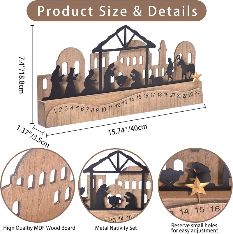 GHOSTMAGIC Nativity Sets for Christmas Countdown Calendar, Indoor Rustic Christmas Decor With Wooden Base 3D Design, Xmas Manger Scene for Tabletop Office Shelf Mantel Decoration (Black) - Image 3