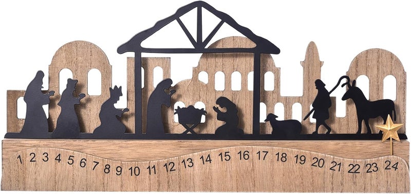 GHOSTMAGIC Nativity Sets for Christmas Countdown Calendar, Indoor Rustic Christmas Decor With Wooden Base 3D Design, Xmas Manger Scene for Tabletop Office Shelf Mantel Decoration (Black) - Image 1