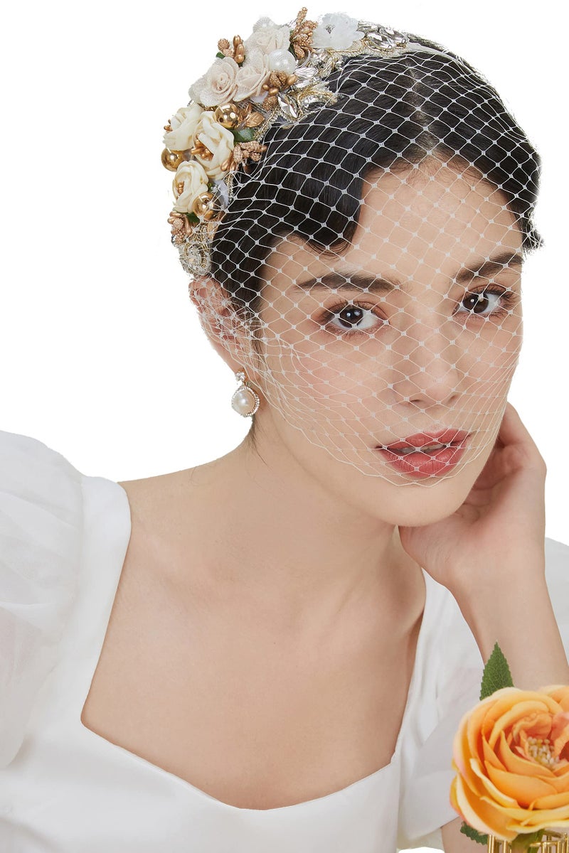 BABEYOND 1920s Fascinator Mesh Flower Pearl Veil Headband Bridal Wedding Tea Party Fascinator Veil for Women - Image 2