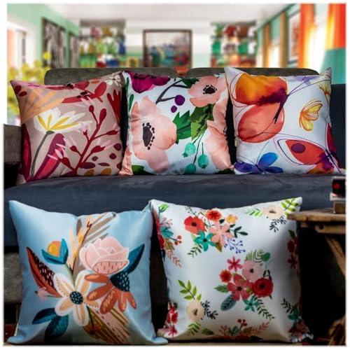 Vendola Decorative Satin 250TC Sofa Cushion Pillow Covers, Multicolor, Set of 5 Floral Cushion Covers(Blossom,16x16 Inches with Fillers) - Image 1