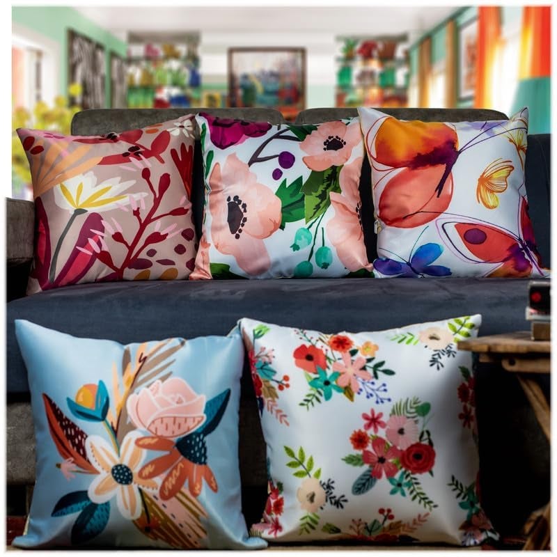 Vendola Decorative Satin 250TC Sofa Cushion Pillow Covers, Multicolor, Set of 5 Floral Cushion Covers(Blossom,16x16 Inches with Fillers) - Image 2