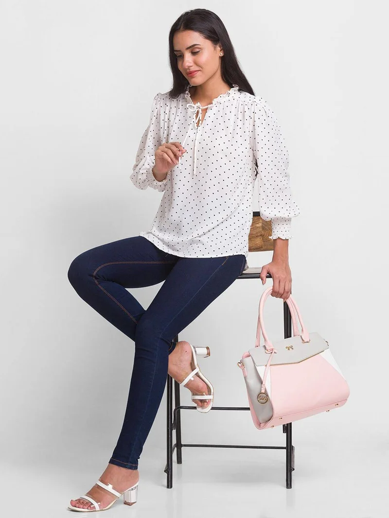 globus Women Polka Dots Tie-Up Crepe Shirt Style Top