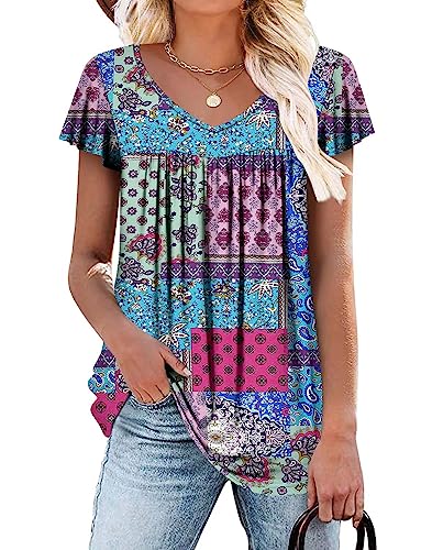 ROSELINLIN Womens Ruffle Short Sleeve Tunic Tops V Neck Loose Fit Flowy Blue Blocks Summer Tops XL - Image 5