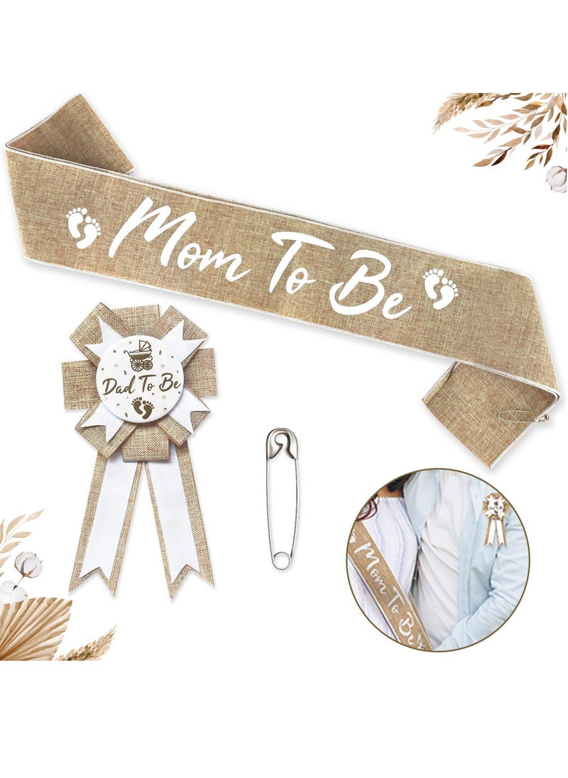 RTYY Baby Shower Neutral Burlap Mom to Be Sash Rustic Boho Baby Gender Reveal Sash Baby Shower Tinplate Badge Pin Mommy Sash And Daddy to Be Badge for Gender Reveal and Baby Showers Decorations  - Image 1