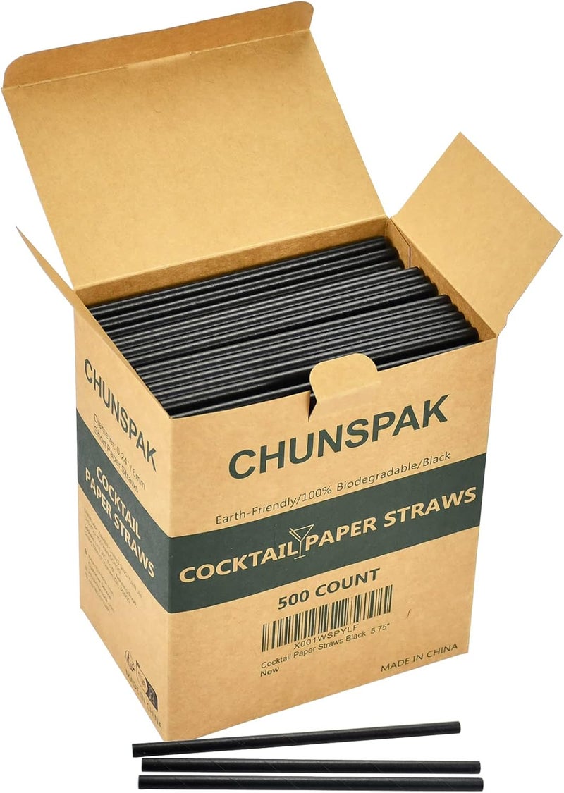 chunspak مصاصات ورقية سوداء بطول 5.75 بوصة - 500 مصاصة ورقية قابلة للتحلل الحيوي للشرب، أعواد تقليب، مصاصات للقهوة والكوكتيلات - Image 2