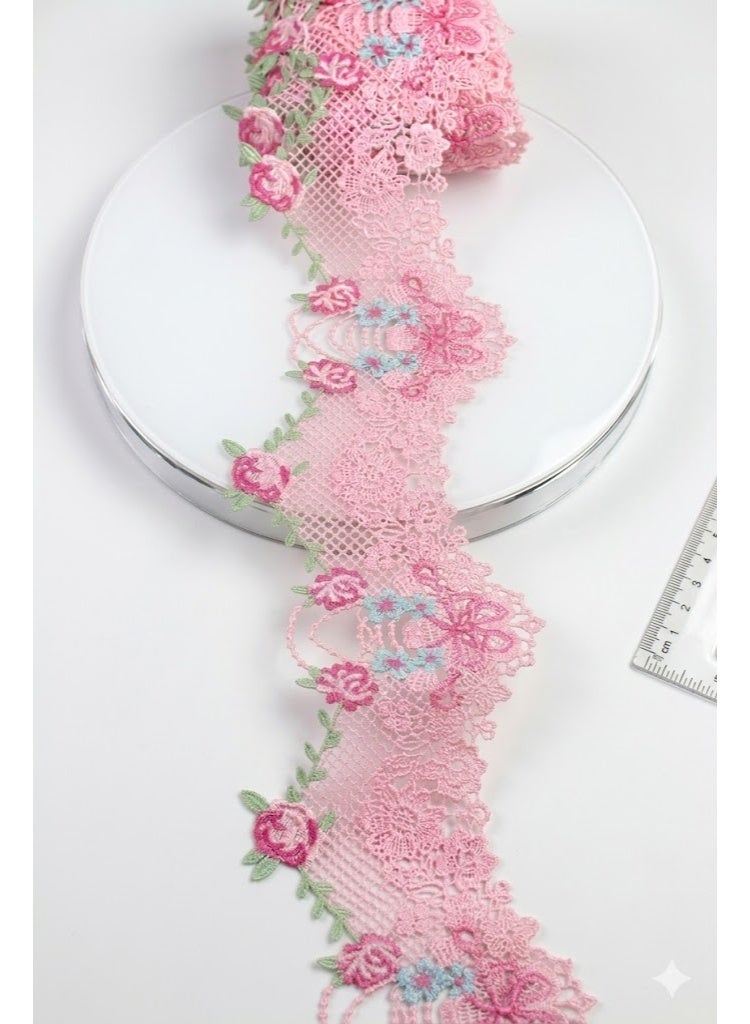 5 Yards Elegant Pink Floral Guipure Lace Trim – 3D Rose Embroidery for DIY Crafts & Fashion Design - Image 1
