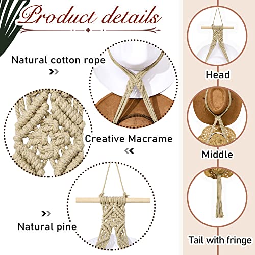Yulejo Macrame Hat Hangers Boho Hat Rack Cowboy Hat Hanger Back of Door Hat Organizer (Beige,Three Hats Style) - Image 3