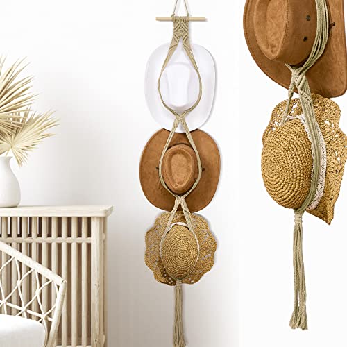 Yulejo Macrame Hat Hangers Boho Hat Rack Cowboy Hat Hanger Back of Door Hat Organizer (Beige,Three Hats Style) - Image 1