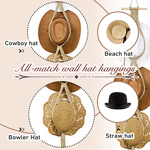 Yulejo Macrame Hat Hangers Boho Hat Rack Cowboy Hat Hanger Back of Door Hat Organizer (Beige,Three Hats Style) - Image 4