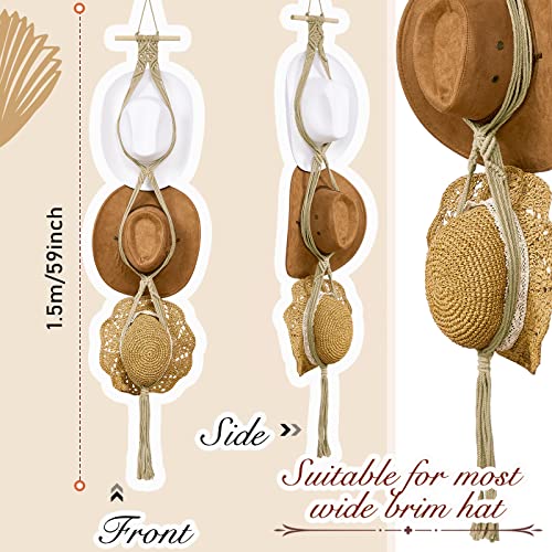 Yulejo Macrame Hat Hangers Boho Hat Rack Cowboy Hat Hanger Back of Door Hat Organizer (Beige,Three Hats Style) - Image 2