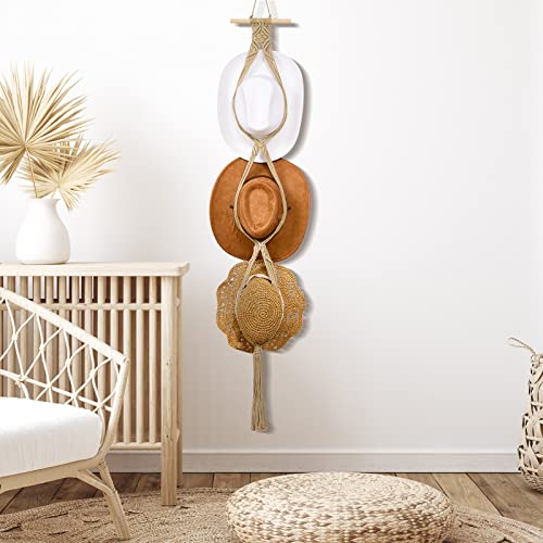 Yulejo Macrame Hat Hangers Boho Hat Rack Cowboy Hat Hanger Back of Door Hat Organizer (Beige,Three Hats Style) - Image 5