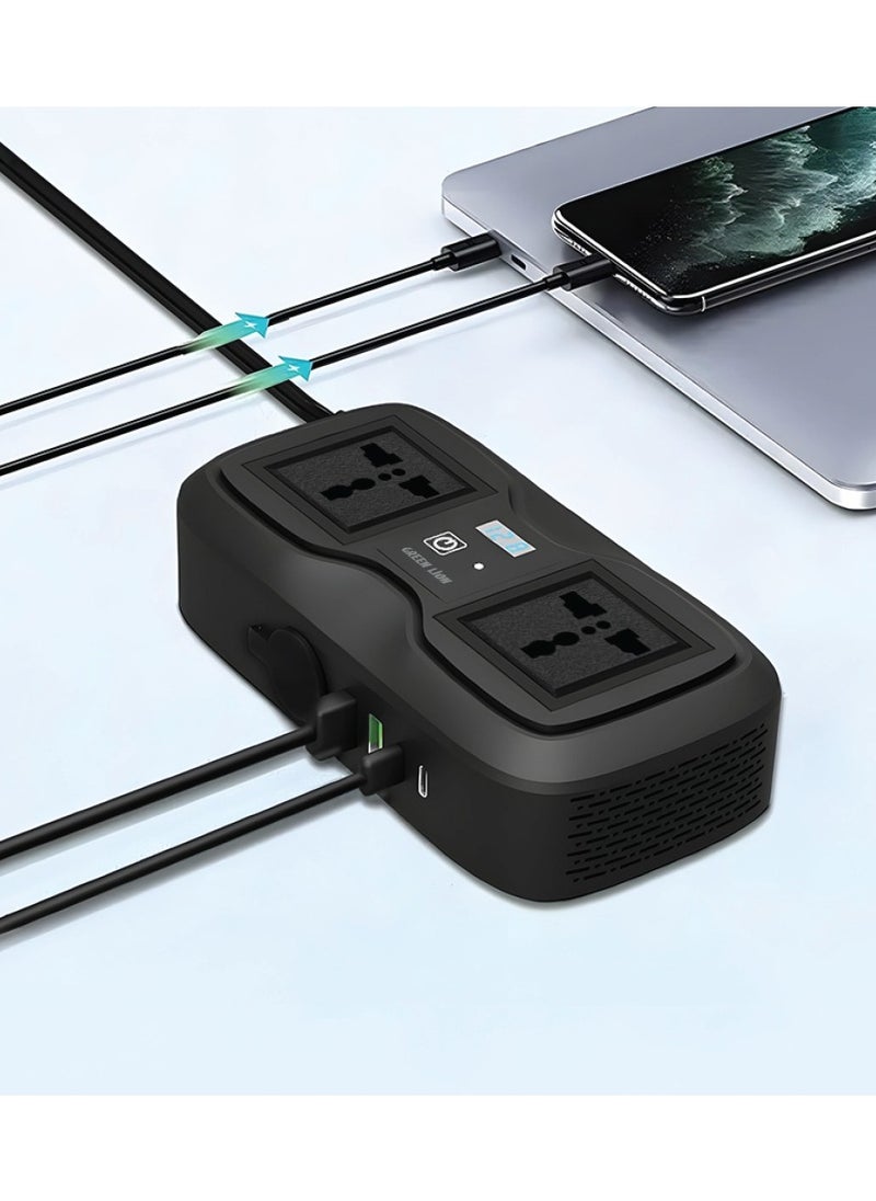 GREEN LION GC-233 Car Power Inverter with 2 Universal Socket and 2 USB-A and 2 USB-C/ Car Charger Cable Connector / 200W Power / Heat Dissipation / QC 18W / PD 20W - Black  - Image 2