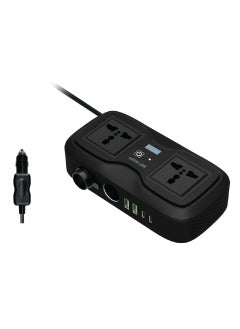 GREEN LION GC-233 Car Power Inverter with 2 Universal Socket and 2 USB-A and 2 USB-C/ Car Charger Cable Connector / 200W Power / Heat Dissipation / QC 18W / PD 20W - Black  - Image 1