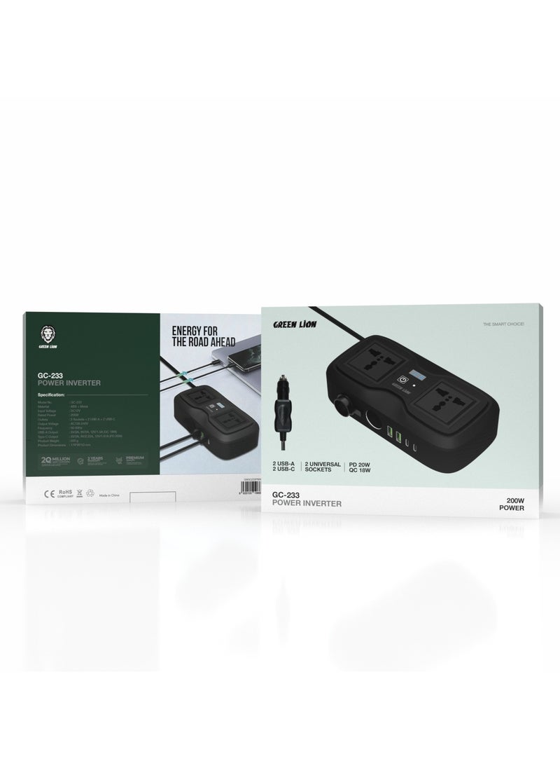 GREEN LION GC-233 Car Power Inverter with 2 Universal Socket and 2 USB-A and 2 USB-C/ Car Charger Cable Connector / 200W Power / Heat Dissipation / QC 18W / PD 20W - Black  - Image 4