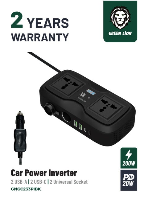 GC-233 Car Power Inverter with 2 Universal Socket and 2 USB-A and 2 USB-C/ Car Charger Cable Connector / 200W Power / Heat Dissipation / QC 18W / PD 20W - Black