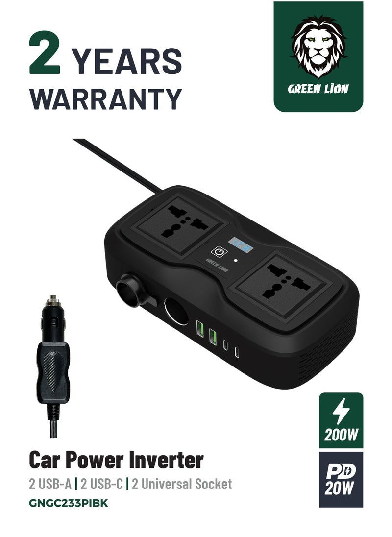 GREEN LION GC-233 Car Power Inverter with 2 Universal Socket and 2 USB-A and 2 USB-C/ Car Charger Cable Connector / 200W Power / Heat Dissipation / QC 18W / PD 20W - Black  - Image 1