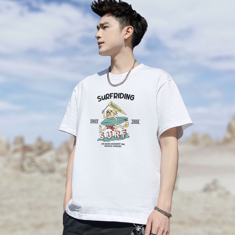 Mengmengjia Surfboard Printed Short-Sleeved T-Shirt Male Student Pure Cotton Ins Trendy Brand American Retro Heavy Loose Casual - Image 5