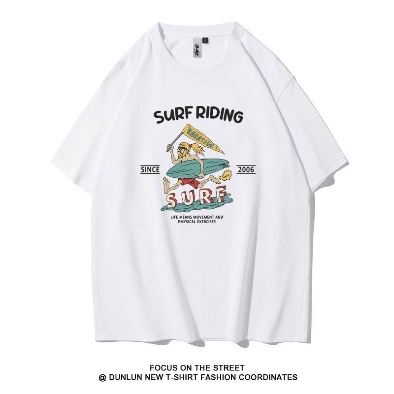 Mengmengjia Surfboard Printed Short-Sleeved T-Shirt Male Student Pure Cotton Ins Trendy Brand American Retro Heavy Loose Casual - Image 2