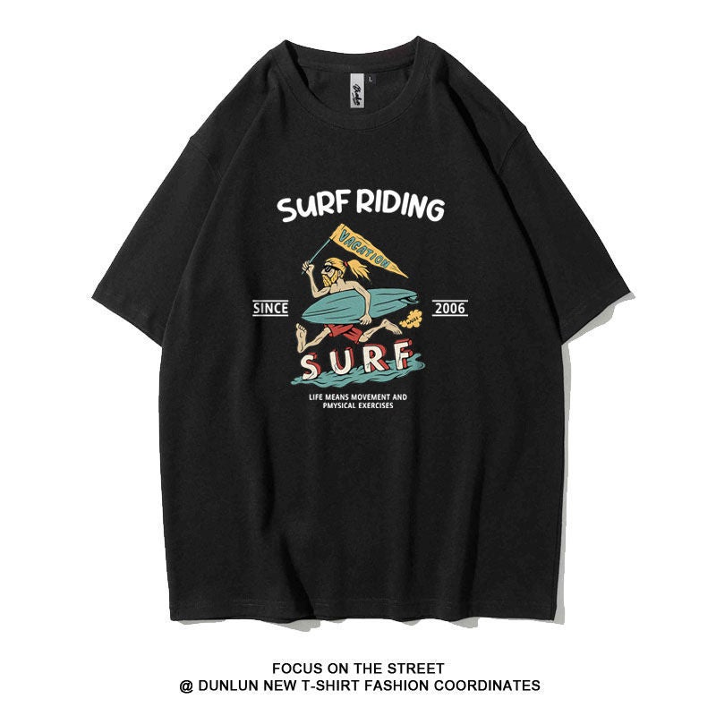Mengmengjia Surfboard Printed Short-Sleeved T-Shirt Male Student Pure Cotton Ins Trendy Brand American Retro Heavy Loose Casual - Image 4