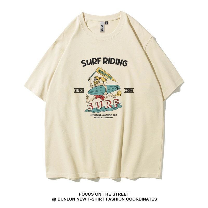 Mengmengjia Surfboard Printed Short-Sleeved T-Shirt Male Student Pure Cotton Ins Trendy Brand American Retro Heavy Loose Casual - Image 1