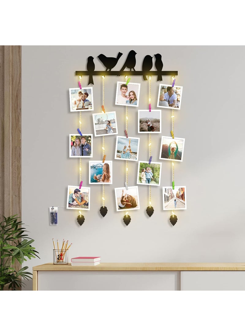 Art Street Art Street Birds Design MDF Plaque Clip Photo Frame Collage Hanging Frame with Wooden Clips with LED Lights - Black - Size - 18.5 x 32 Inchs  - Image 1