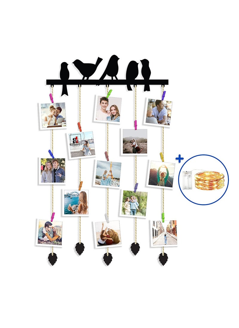 Art Street Art Street Birds Design MDF Plaque Clip Photo Frame Collage Hanging Frame with Wooden Clips with LED Lights - Black - Size - 18.5 x 32 Inchs  - Image 2