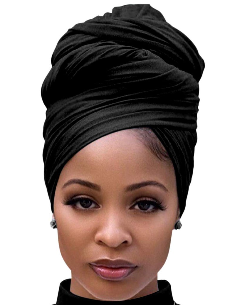 Harewom Black Hair Wrap for Women Long Stretch Jersey Head Scarf Summer Breathable Lightweight Turban Solid Color - Image 1