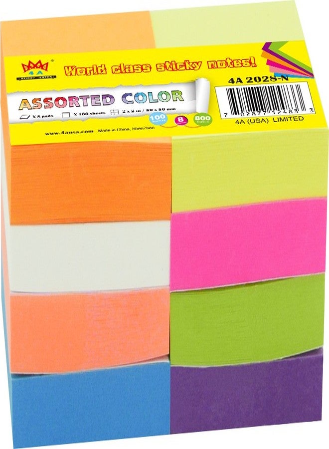 4A 2028-N Sticky Notes, 2 x 2 Inches, Small Size, Self-Stick Notes, 100 Sheets/Pad, 8 Pads/Pack, Neon Color - Image 2