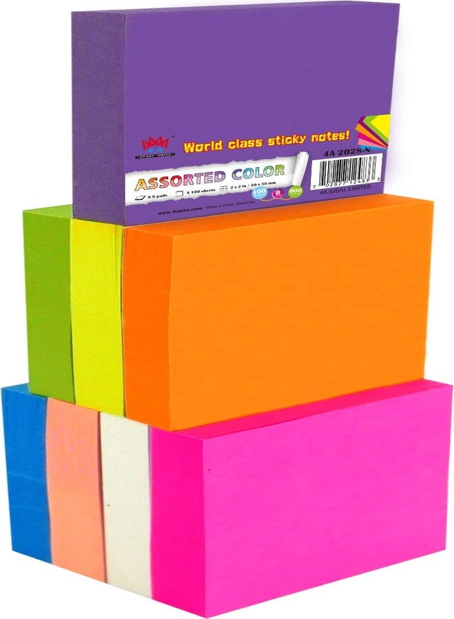 4A 2028-N Sticky Notes, 2 x 2 Inches, Small Size, Self-Stick Notes, 100 Sheets/Pad, 8 Pads/Pack, Neon Color - Image 1