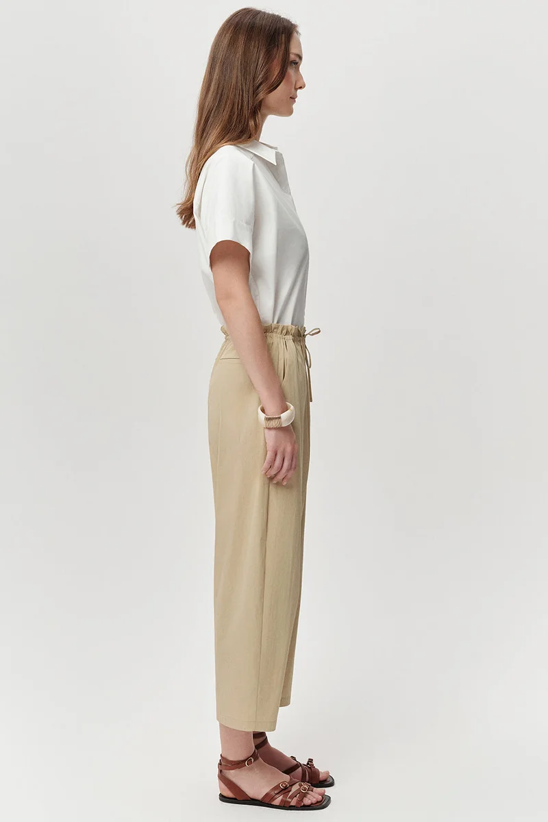 Exquise Beige Woven Trousers with Drawstring Waist and Pockets, Slim Fit, Regular Style