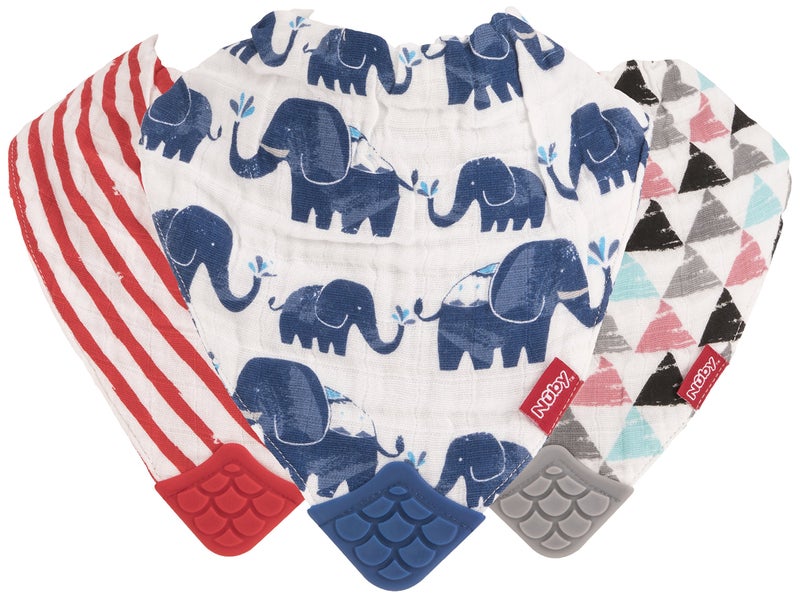 Nuby Reversible 100% Natural Cotton Muslin 3 Piece Teething Bib, Grey/Red/Blue, Arrows/Red Stripes/Elephants - Image 1