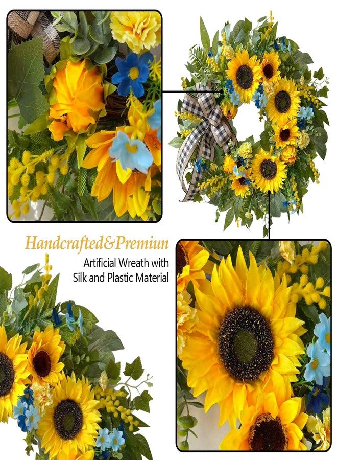 WANNA-CUL أكاليل ربيعية من WANNA-CUL مقاس 24 بوصة للباب الأمامي مزينة بعباد الشمس الأصفر، وأكاليل صيفية للباب مزينة بأزهار الأقحوان وشريط الكتان، وإكليل عيد الحب، وإكليل عيد الأم لتزيين الجدران أو المنزل - Image 5