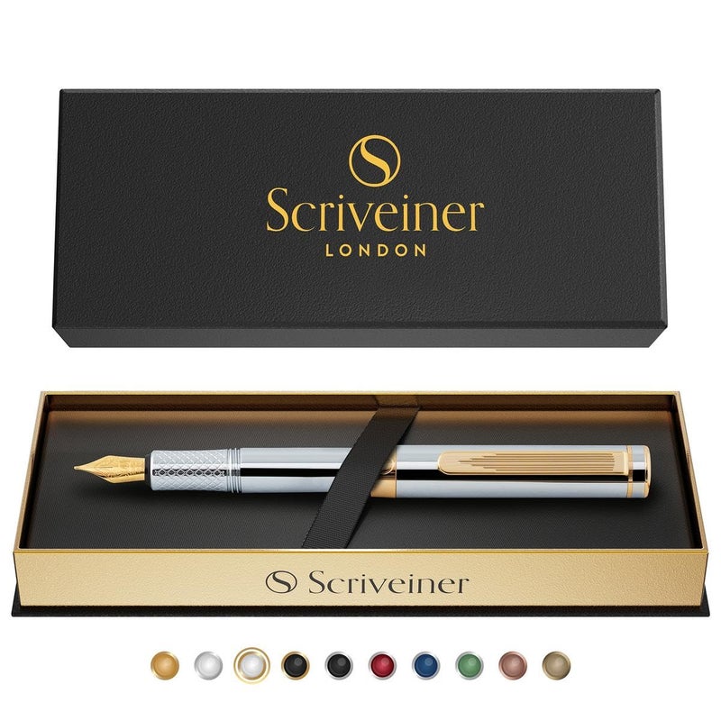Scriveiner Luxury EDC Fountain Pen (Medium), Stunning Silver Chrome Luxury Pen, Real Gold Plating, Schmidt German Nib, Converter, Writing Gift Set for Men & Women, Nice Fancy Office Designer Pen - Image 1